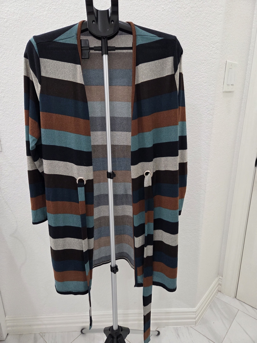 Striped Open-Front Cardigan with Belt - Teal, Brown & Black